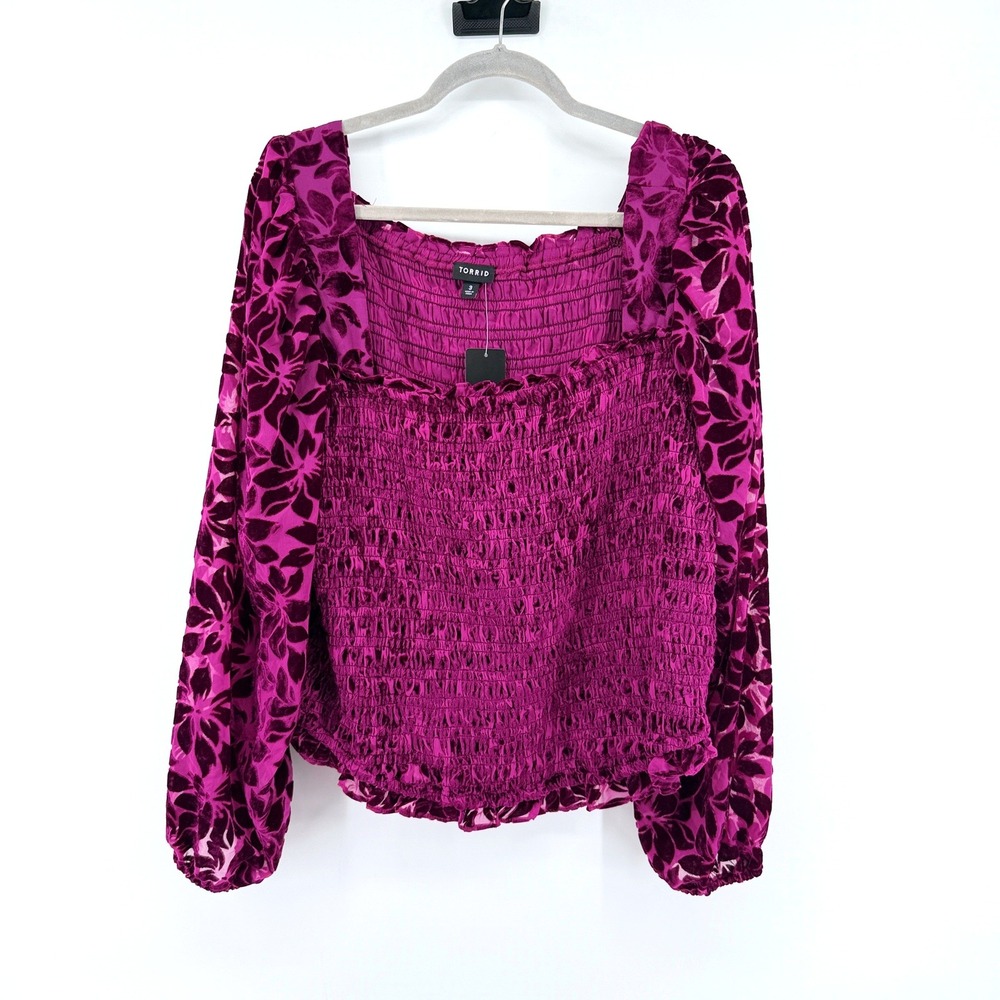 Torrid Blouse Velvet Floral Burnout Smocked 3 Purple Womens Plus Size Boho Top